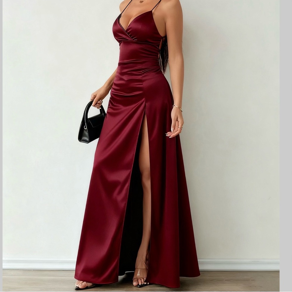 Satin Slit Dress - Spaghetti-Strap Evening Gown / Prom Dress
